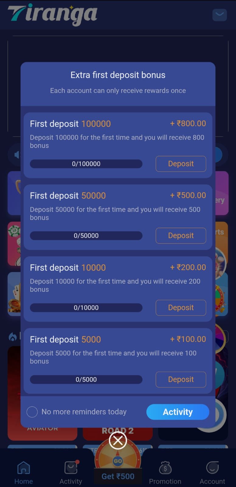 Tiranga Game First Deposit Bonus Offers and Rewards