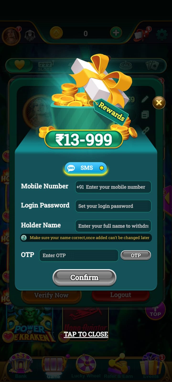 YONO Arcade game registration and account verification form