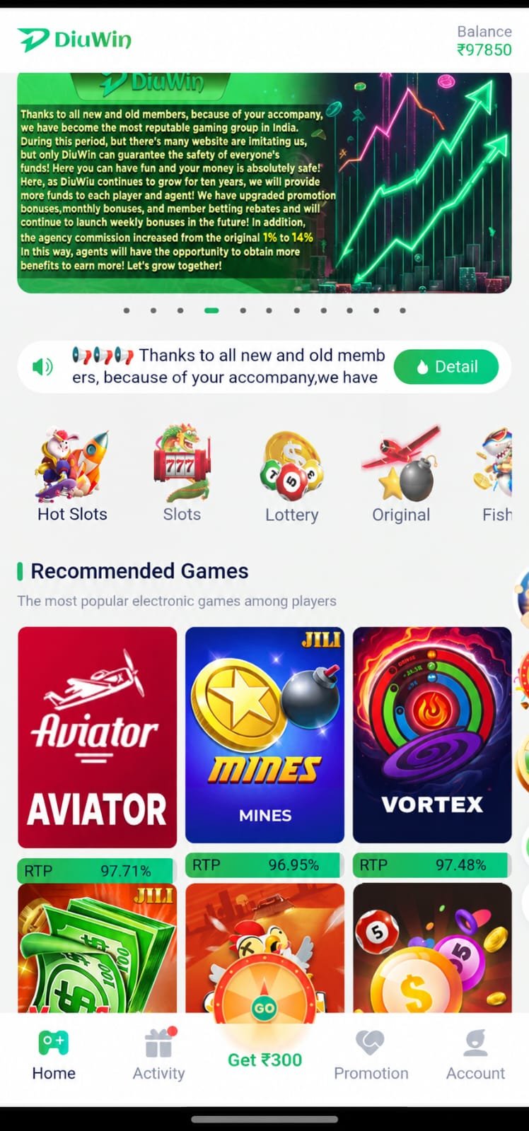 Diuwin Game Dashboard and Aviator Game