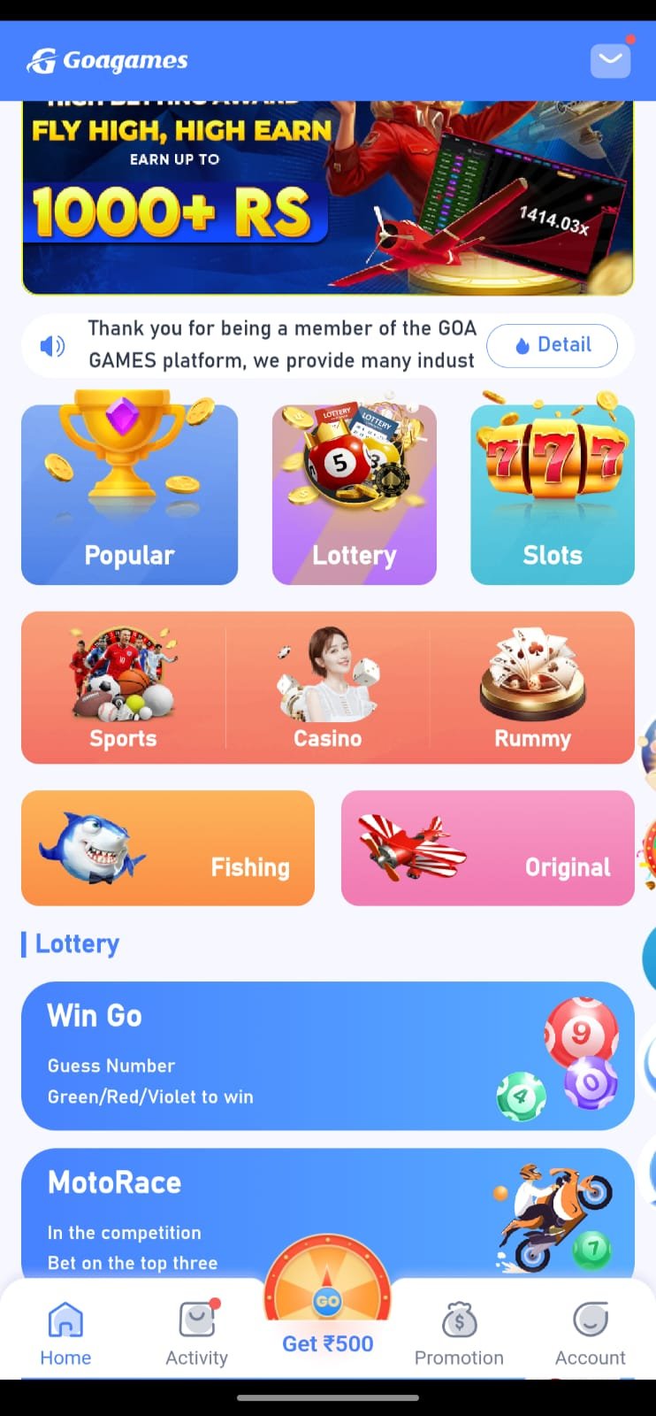 Goa Games Dashboard and Wingo Games