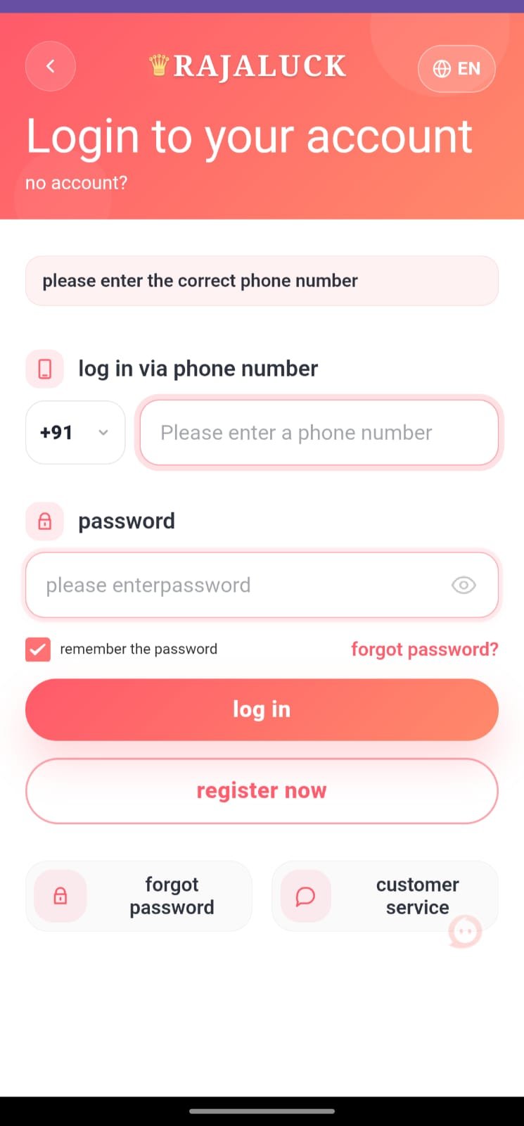 Raja Luck Game Login Page