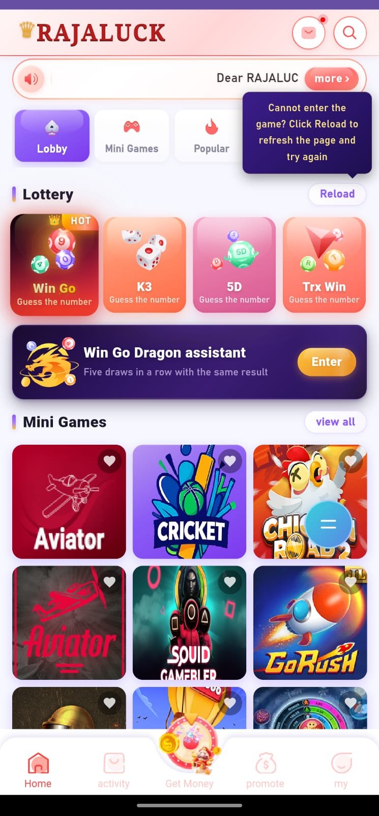 Raja Luck Dashboard and Wingo Games